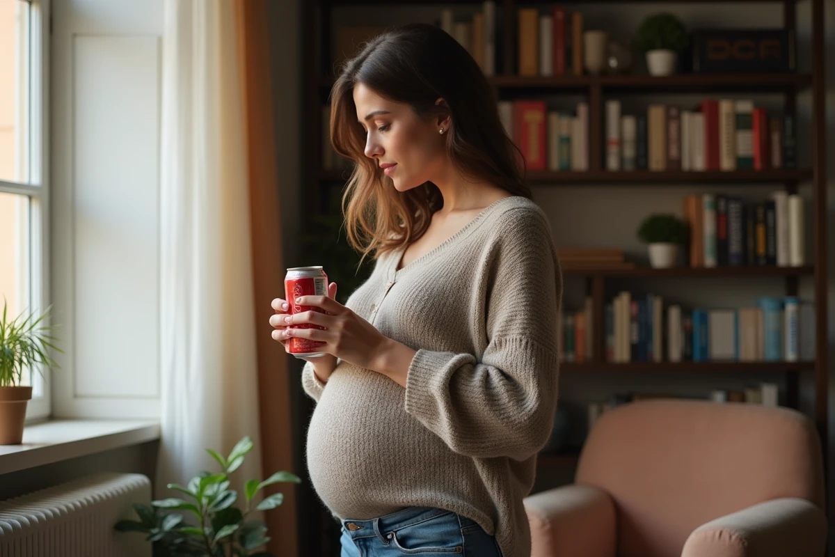 Femme enceinte debout dans le salon regardant un cola
