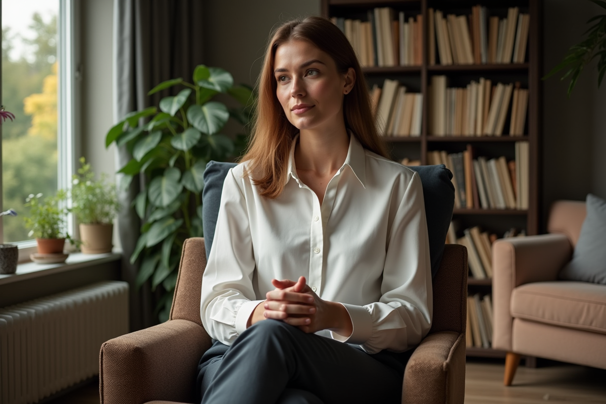 Femme grande en entretien dans un salon cosy avec livres et plantes