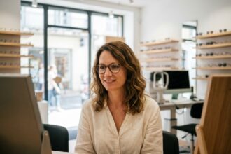 Femme essayant des lunettes chez un opticien moderne à Narbonne avec un intérieur minimaliste en bois et blanc