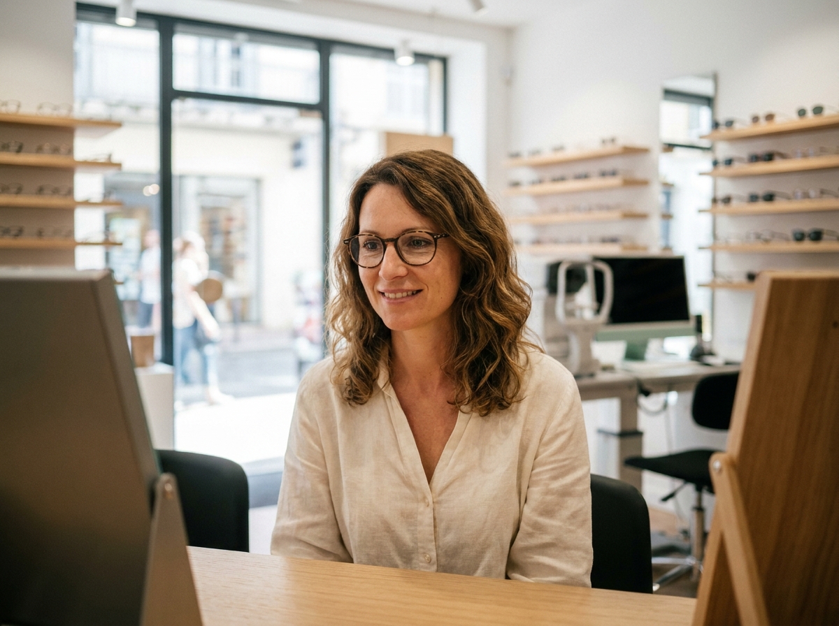 Femme essayant des lunettes chez un opticien moderne à Narbonne avec un intérieur minimaliste en bois et blanc