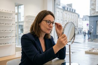 Femme essayant des lunettes tendance dans une optique moderne à Brest