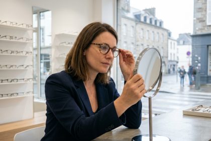 Femme essayant des lunettes tendance dans une optique moderne à Brest