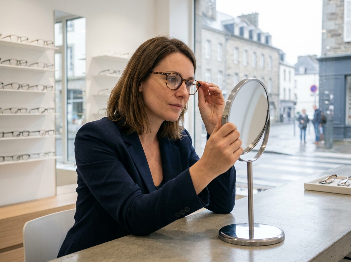 Femme essayant des lunettes tendance dans une optique moderne à Brest