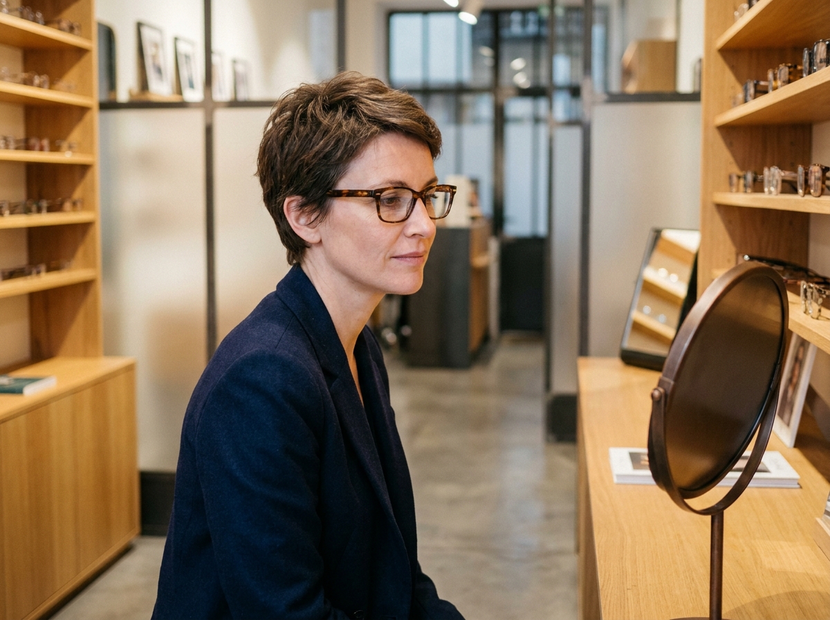 Femme essayant des lunettes dans une opticienne moderne à Saint-Étienne