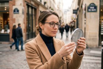 Femme en manteau camel essayant des lunettes de vue rectangulaires dans une rue parisienne animée