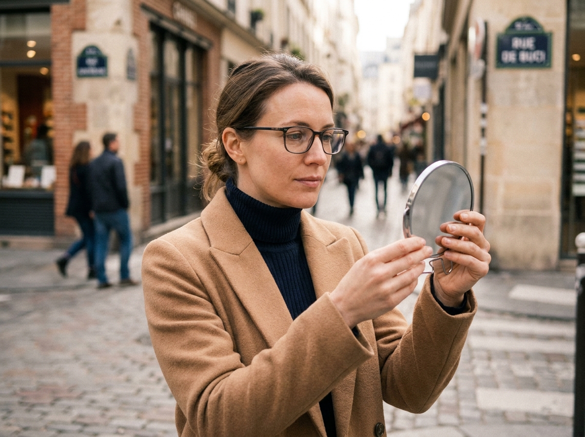 Femme en manteau camel essayant des lunettes de vue rectangulaires dans une rue parisienne animée
