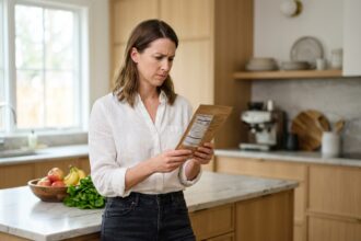 Femme lisant une étiquette nutritionnelle dans une cuisine moderne avec des légumes frais, illustrant une alimentation équilibrée et la conscience de l'IMC