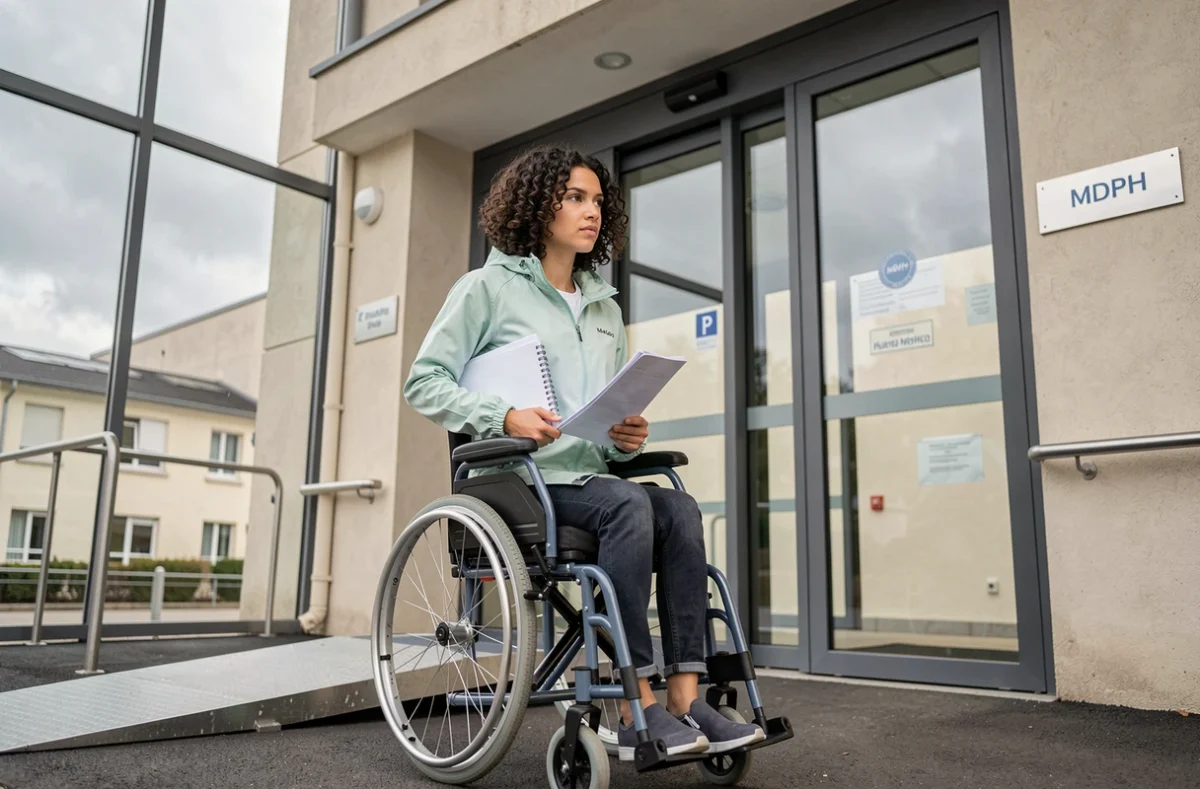 Jeune femme en fauteuil roulant entrant dans un bâtiment MDPH avec son dossier de demande de reconnaissance de maladie