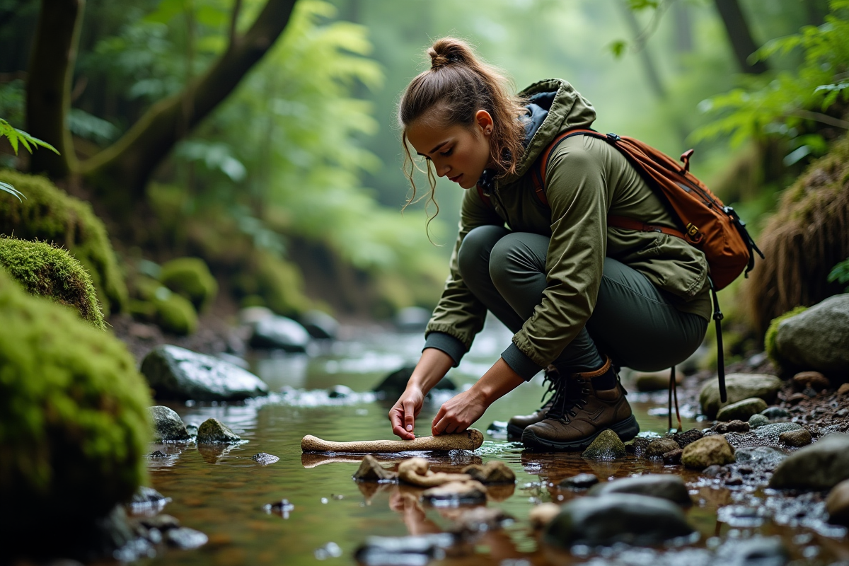 Jeune femme en randonnée observant des outils anciens dans la forêt