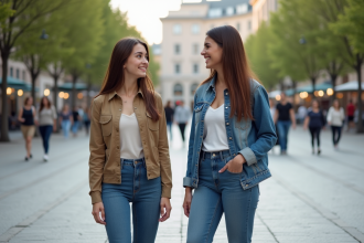 Femme grande et femme de taille moyenne dans une ville animée