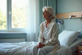 Femme d'âge moyen dans un hôpital regardant par la fenêtre