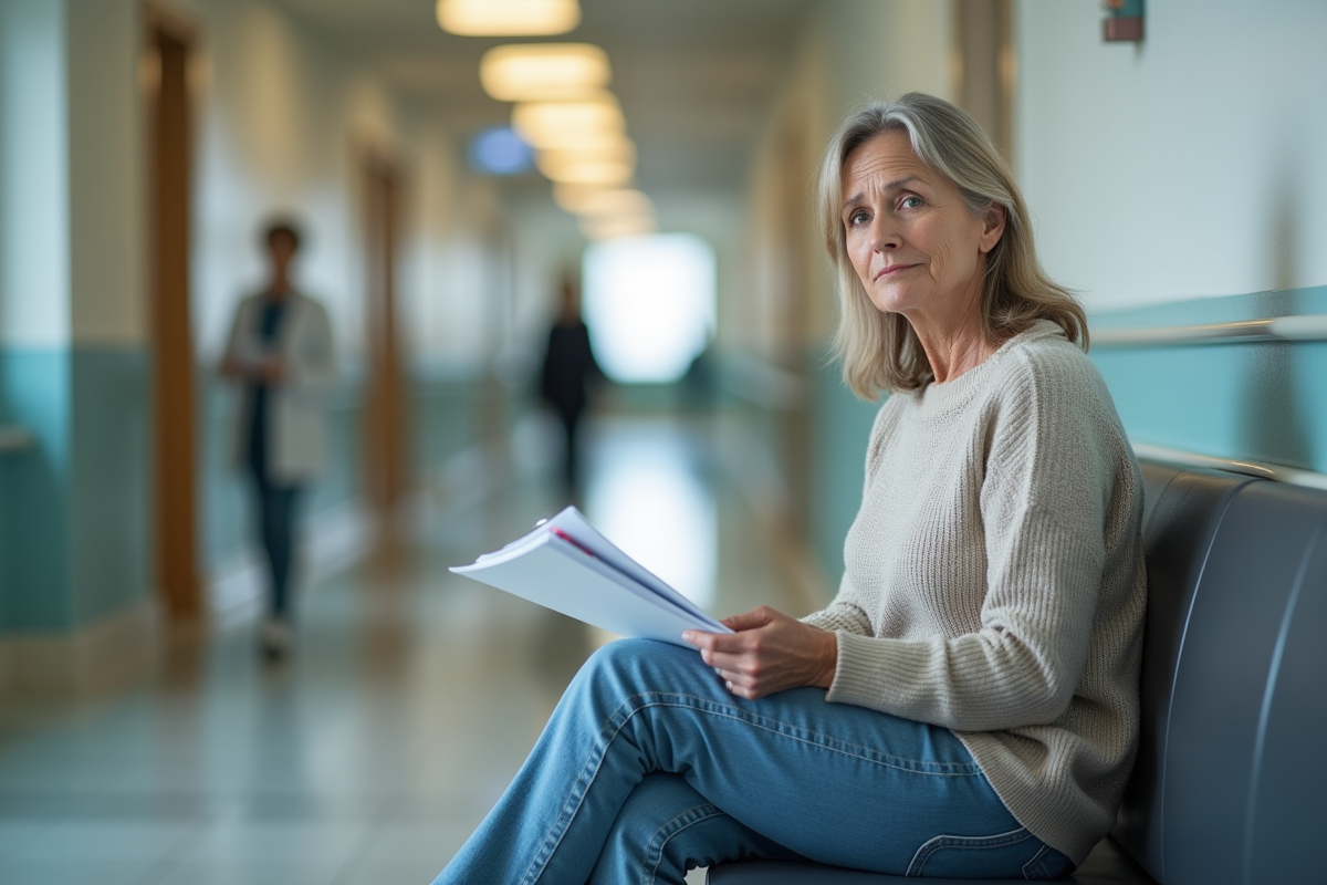 Femme d'âge moyen assise dans un couloir d'hôpital avec dossier médical
