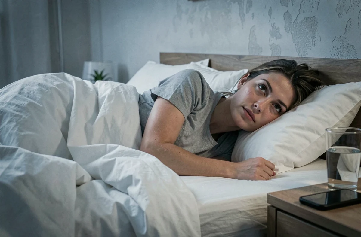 Femme allongée dans son lit les yeux ouverts la nuit, illustrant les troubles du sommeil liés à la consommation d'alcool comme le Ricard
