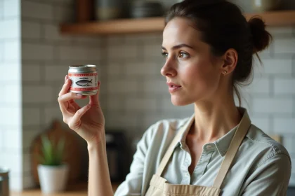 Femme inspectant une boîte de sardines en conserve dans une cuisine moderne, évaluant l'étiquette et les labels qualité