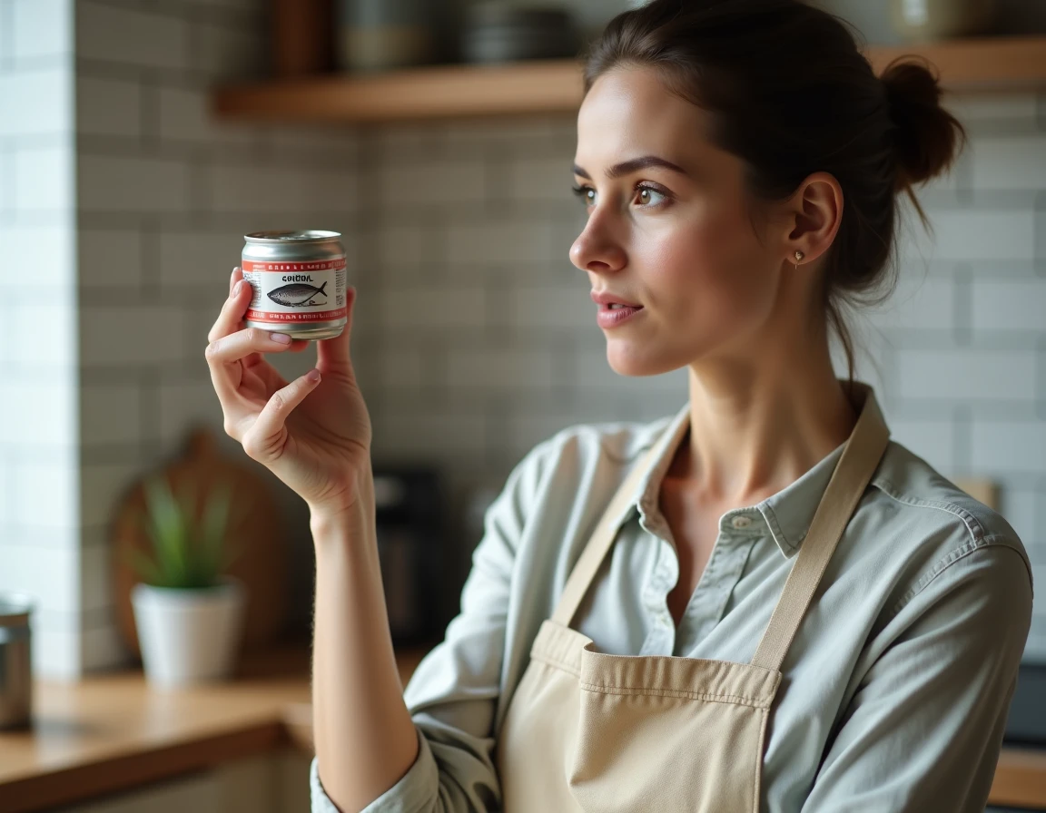 Femme inspectant une boîte de sardines en conserve dans une cuisine moderne, évaluant l'étiquette et les labels qualité