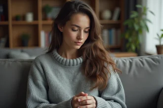 Femme pensante assise dans un salon cosy et calme