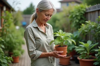 Femme en jardinage tenant un petit papayer en pot