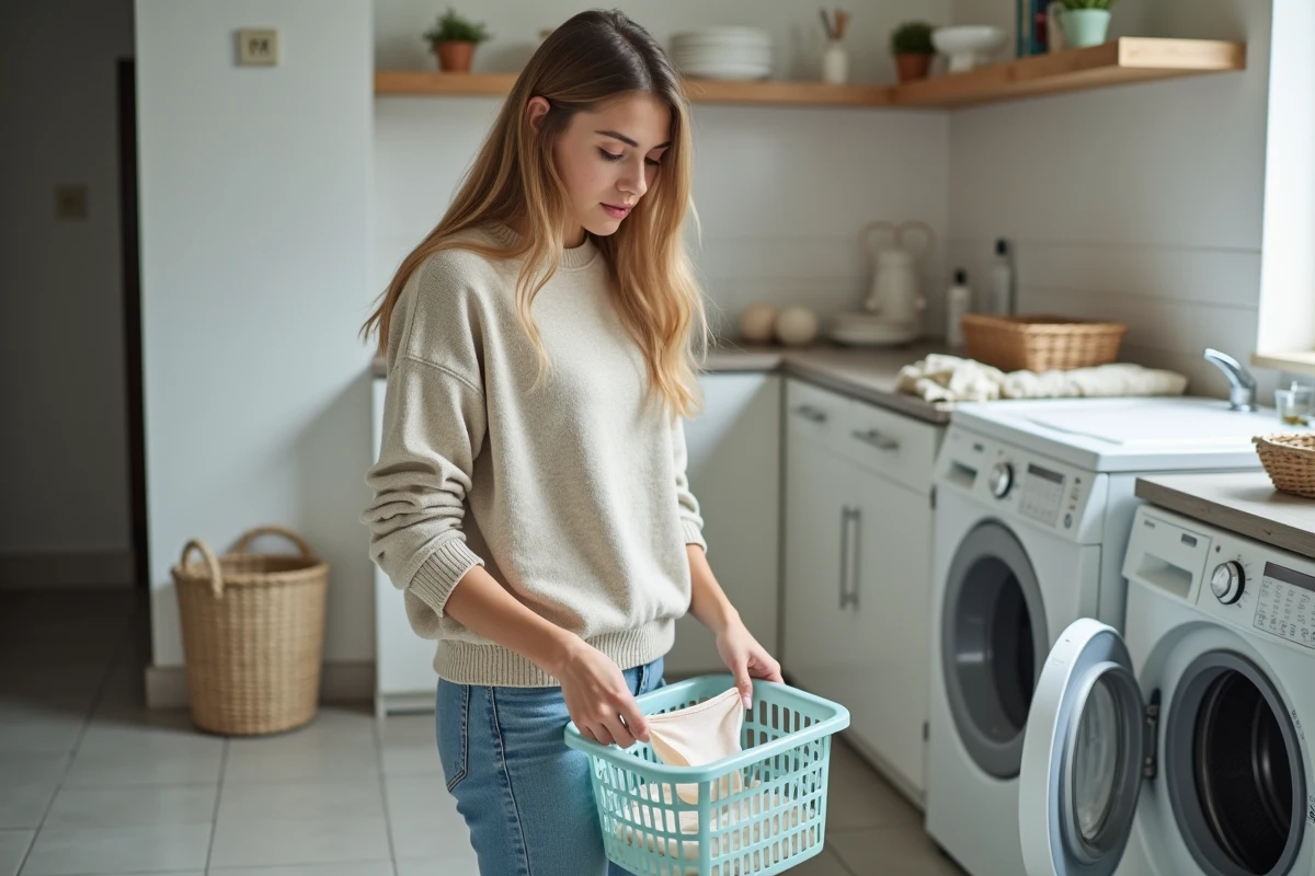 Jeune femme met des sous-vêtements menstruels dans la machine à laver