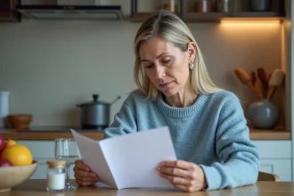 Femme méditative lisant une notice de médicament dans la cuisine