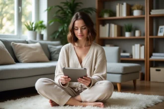 Femme assise sur un tapis lisant un magazine bien-être à la maison