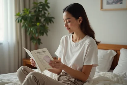 Femme lit un panneau de produits menstruels dans sa chambre