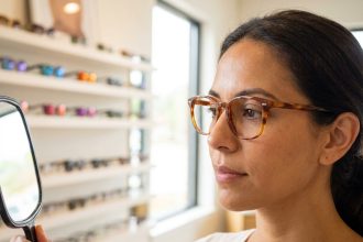 Femme aux yeux noisette essayant des lunettes en acétate écaille de tortue dans une boutique d'optique moderne