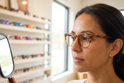 Femme aux yeux noisette essayant des lunettes en acétate écaille de tortue dans une boutique d'optique moderne