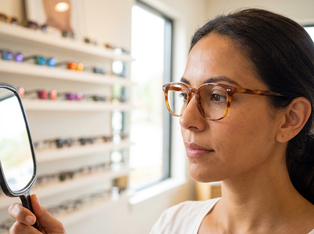 Femme aux yeux noisette essayant des lunettes en acétate écaille de tortue dans une boutique d'optique moderne