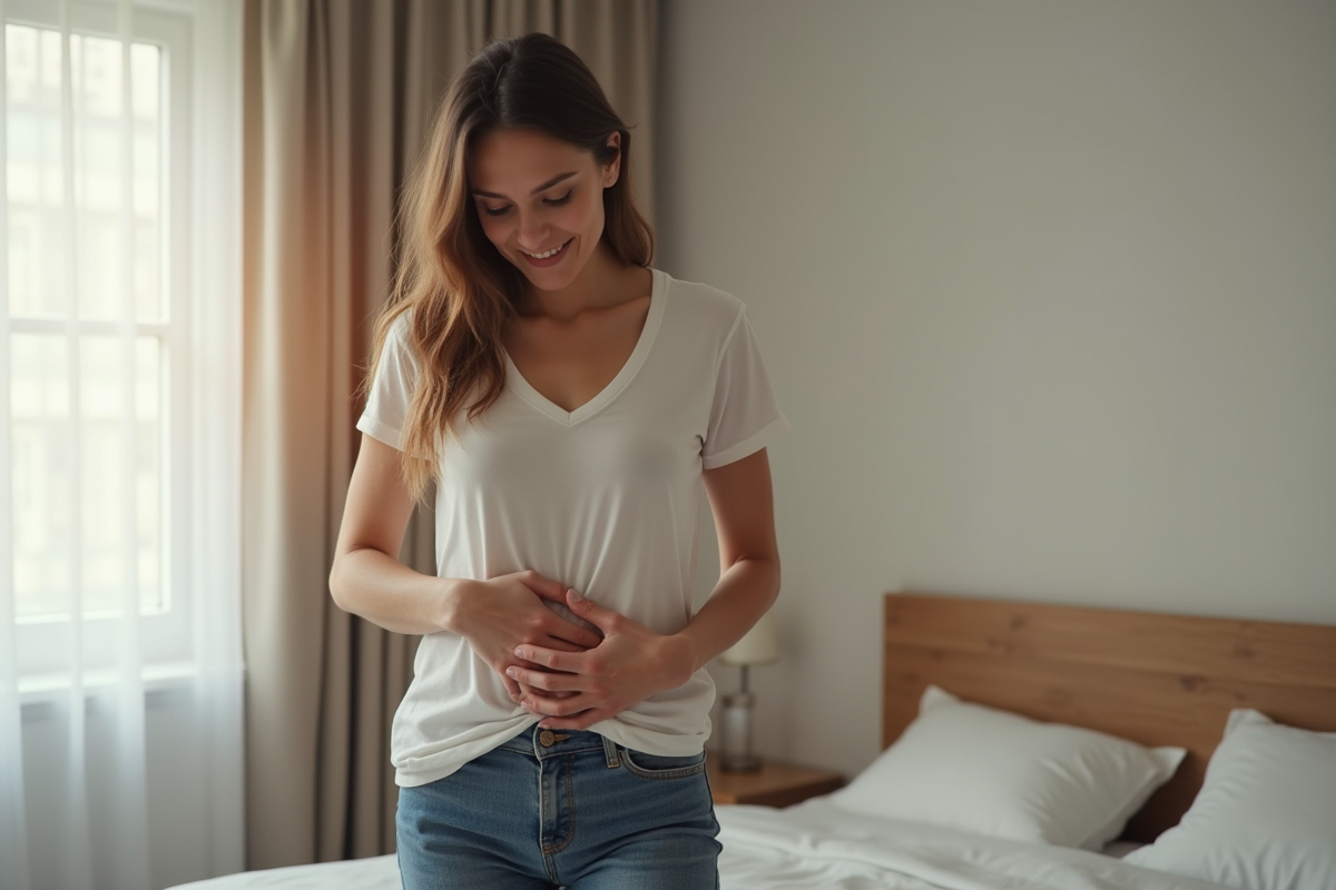 Femme en chambre douce posant ses mains sur le ventre