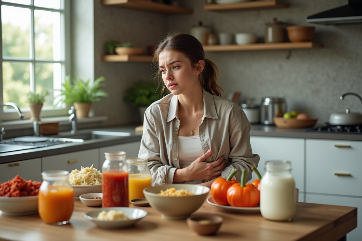 Jeune femme malades dans une cuisine avec aliments fermentes