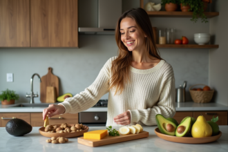 Femme souriante choisissant des aliments caloriques à la cuisine