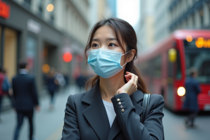 Jeune femme en masque dans la rue urbaine