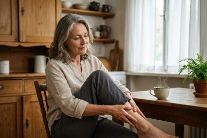 Femme mature massant ses jambes pour soulager les problèmes de circulation sanguine dans une cuisine chaleureuse