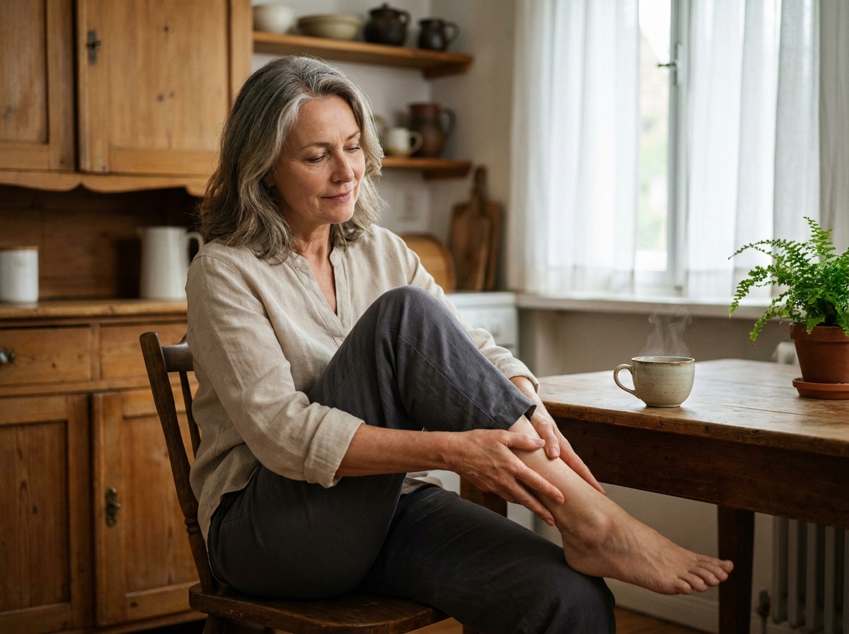 Femme mature massant ses jambes pour soulager les problèmes de circulation sanguine dans une cuisine chaleureuse