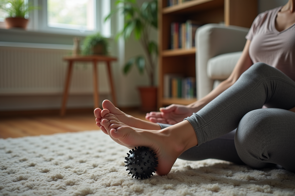 Femme se massant le pied avec balle de massage dans un salon cosy