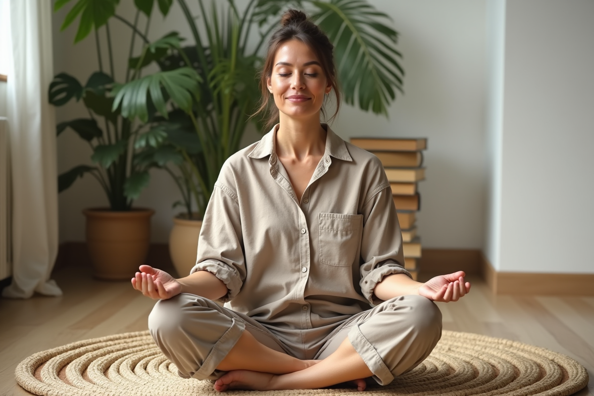 Femme méditant assise en intérieur avec plantes et livres