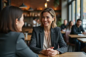 Femme au comportement manipulateur face à une amie mal à l'aise dans un café moderne, illustrant les signes d'une personnalité narcissique perverse