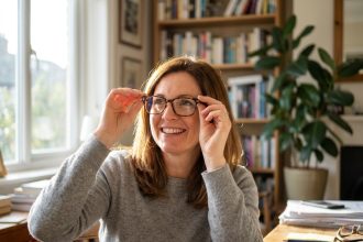 Femme souriante essayant de nouvelles lunettes modernes dans un bureau à domicile, illustrant le soulagement apporté par un changement de montures