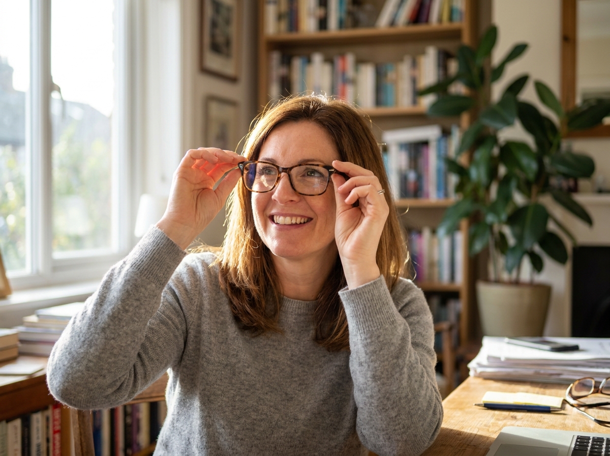 Femme souriante essayant de nouvelles lunettes modernes dans un bureau à domicile, illustrant le soulagement apporté par un changement de montures