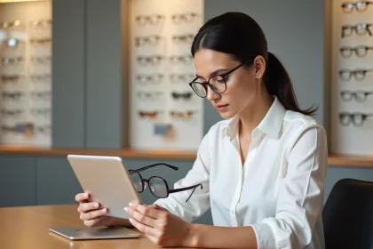 Femme en optique comparant des montures de lunettes et consultant une calculette d'épaisseur de verres sur tablette