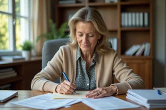 Femme organisée en bureau avec papiers et enveloppe
