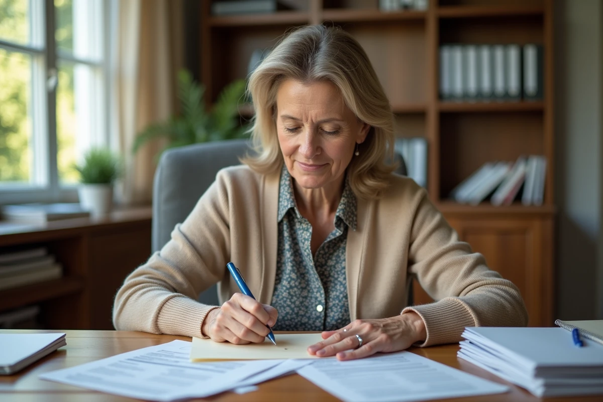 Femme organisée en bureau avec papiers et enveloppe