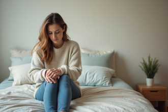 Femme pensive assise sur le lit dans une chambre douce