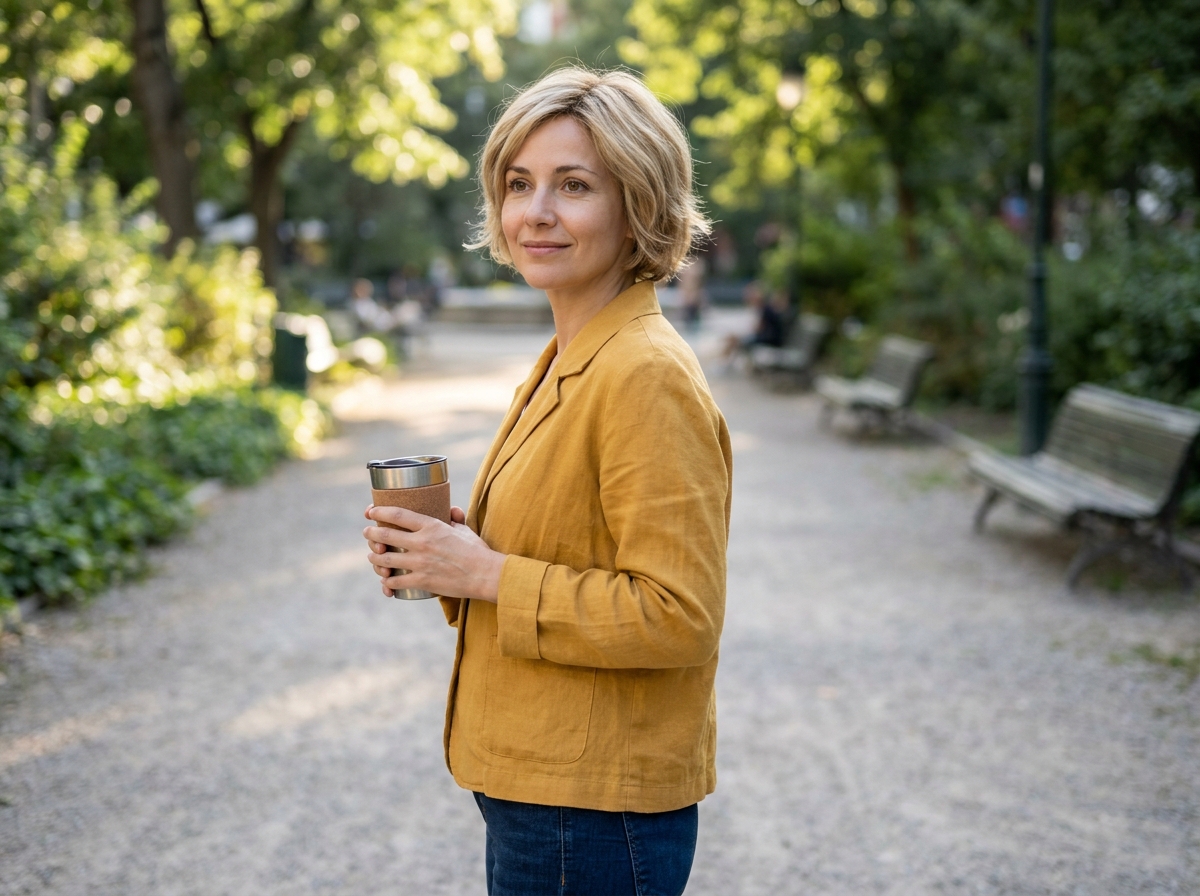 Femme portant une perruque blonde courte avec confiance dans un parc urbain après un traitement contre le cancer