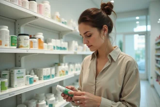 Femme en pharmacie examinant une boîte de complément alimentaire Lulutox sur un rayon de parapharmacie