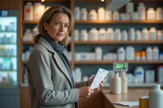 Femme d'âge moyen avec reçu en pharmacie moderne