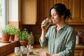 Femme française rangeant des bocaux de plantes médicinales séchées dans sa cuisine en bois, phytothérapie au quotidien