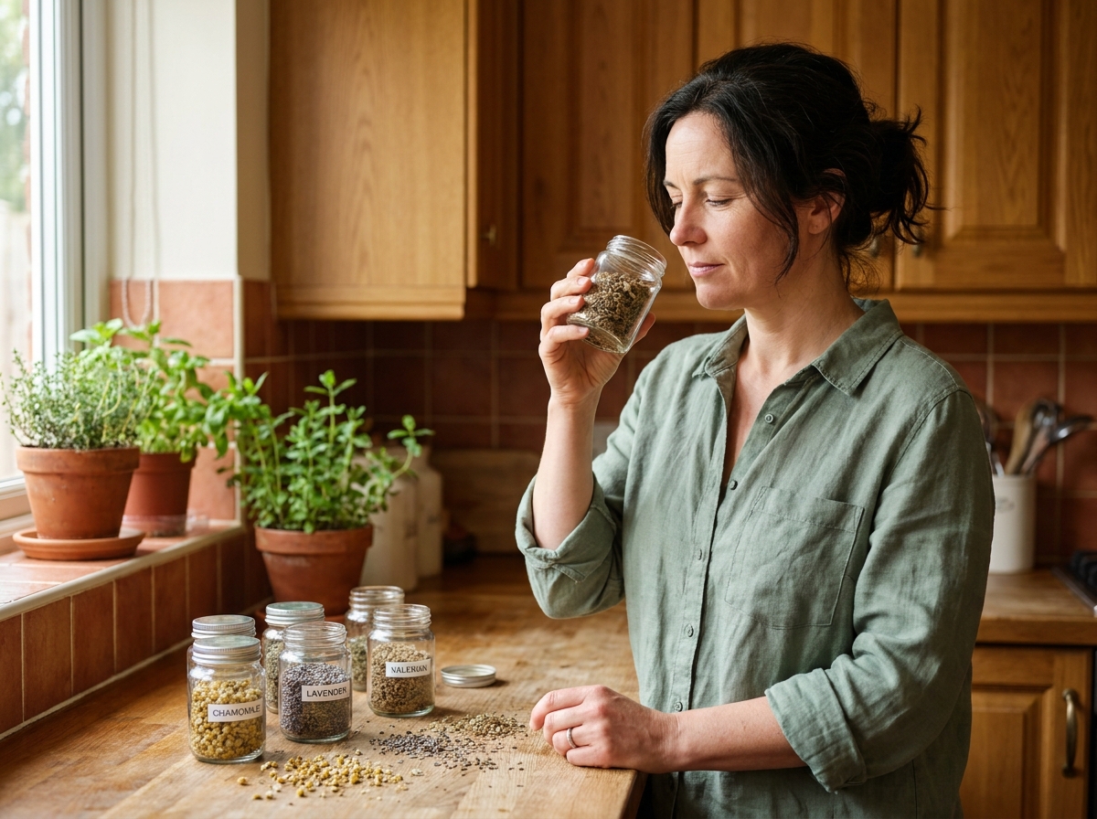 Femme française rangeant des bocaux de plantes médicinales séchées dans sa cuisine en bois, phytothérapie au quotidien