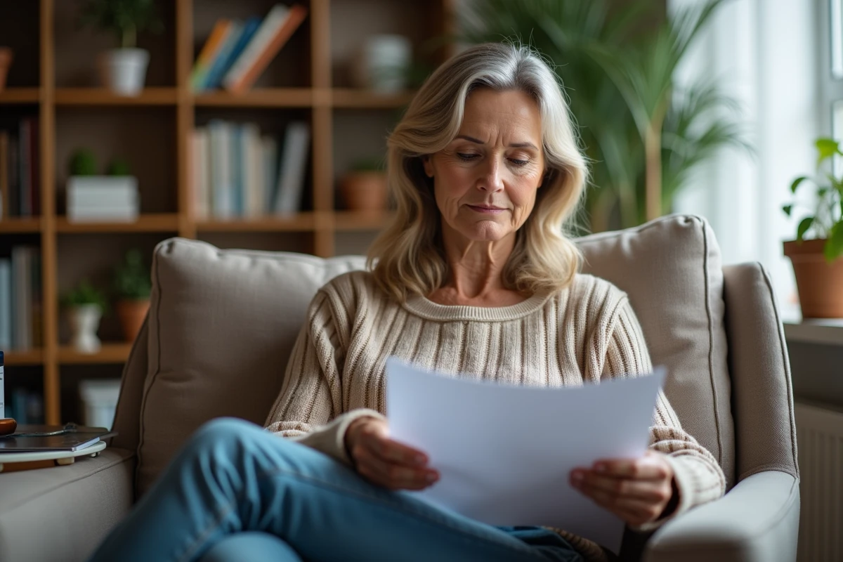 Femme de 50 ans consulte des papiers médicaux dans un salon chaleureux