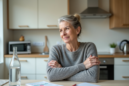 Femme r&eacute;fl&eacute;chissante dans une cuisine chaleureuse